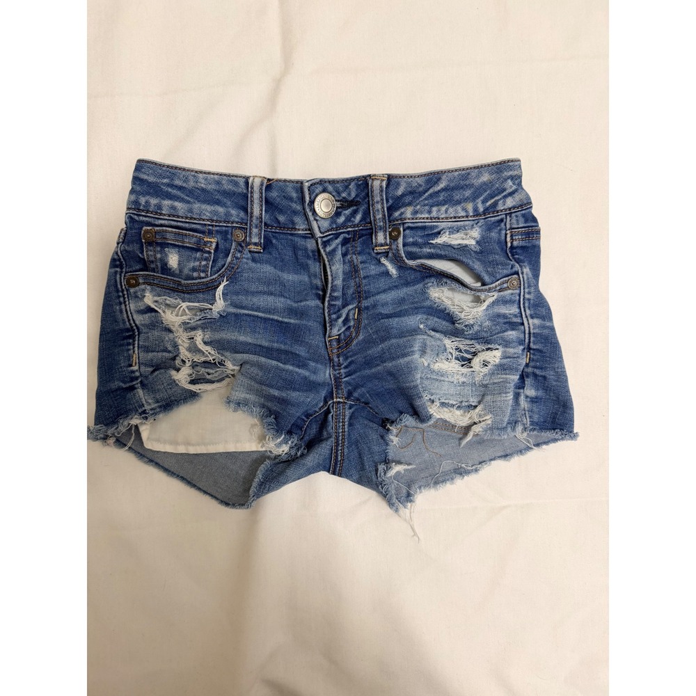 American Eagle Super Stretch Distressed Denim Shorts Blue Size 0 Frayed Cutoff